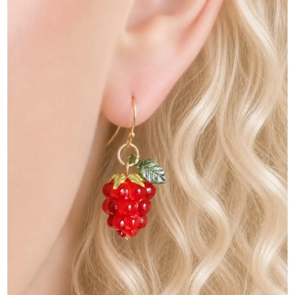 Red Raspberry Dangle Earrings Lightweight Acrylic Summer Fruit Berry